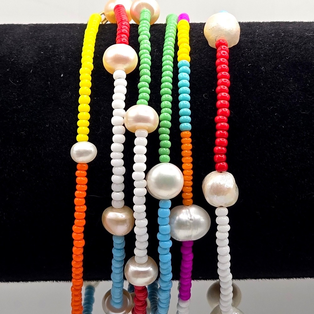 Multicolor Seed Bead Freshwater Pearl Bracelet Set Gold Tone Lobster Clasp 6pc